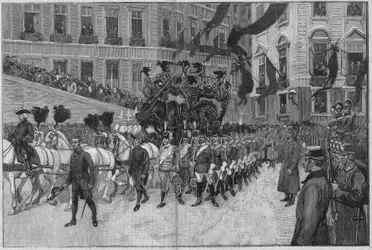 Wiedeń 1889: pogrzeb księcia Rudolfa (arcyksięcia Rudolfa Habsburga (1858-1889), następcy tronu Austrii). Kondukt przed ambasadą francuską.