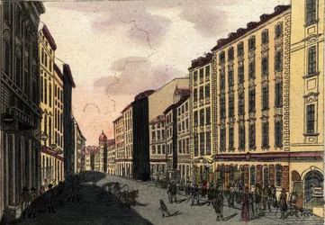Widok ulicy Kohlmarkt w Wiedniu, Austria Grawerowanie z 1820 r.
