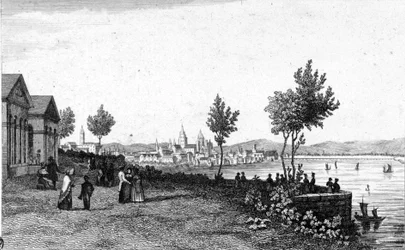 Widok Moguncji w Niemczech i Renu około 1830 roku.