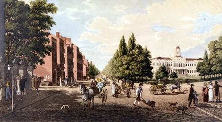 Widok na Nowy Jork: Broadway i ratusz. Litografia SD około połowy XIX wieku.
