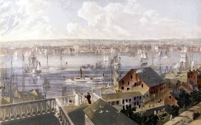 Widok na port w Nowym Jorku. Litografia SD około połowy XIX wieku.