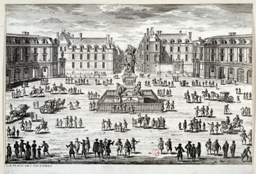 Widok na Place des Victoires w Paryżu z posągiem Ludwika XIV wzniesionym przez marszałka de la Feuillade w 1686 roku. Rycina Paryża z XVII wieku, Musee Carnavalet