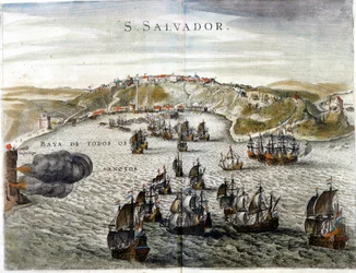Widok Salvadoru, dawniej znanego jako Bahia, stolicy Brazylii w 1549 roku, kiedy miasto zostało założone - Rycina z XVI wieku