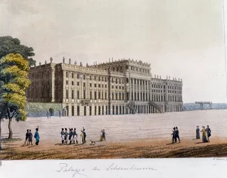 Widok na Pałac Schonbrunn (Schoenbrunn) w Wiedniu, Austria. Grawer z 1826 r. Kolekcja prywatna