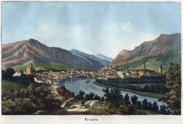 Widok Trydentu (Tyrol Południowy, Włochy) (Trydent) - XIX wiek - rycina z książki „Usi e Costumi di Tutti i Popoli dell