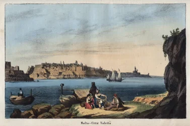 Widok Valletty (Malta) w XIX wieku - rycina z książki „Usi e Costumi di Tutti i Popoli dell