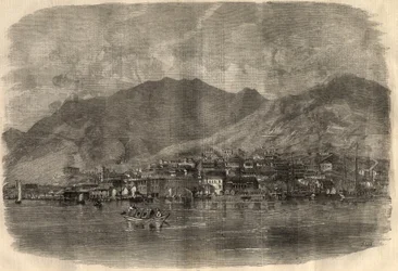 Widok na miasto Victoria w Hongkongu. Grawerowanie w „The Illustrated London News”” z 14 marca