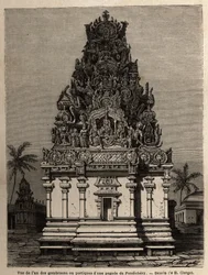 Widok jednego z gombrooonów lub portyków pagody pondichery (Pondicherry) (Indie). Grawer ilustrujący wyprawę do pagody Chillambaran (cote Coromandel), w latach 1838-1844, kontradmirała Parisa, dyrektora depot des cartes
