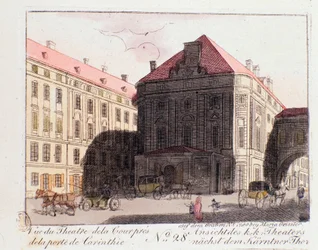 Widok Teatru Dworskiego w pobliżu Bramy Karyntii (Karntnertortheater lub Theater am Karntnertor) w Wiedniu, gdzie IX Symfonia Beethovena była po raz pierwszy reprezentowana w dniu 07.05.1824. Austria. Grawer z 1815 r. Kolekcja prywatna