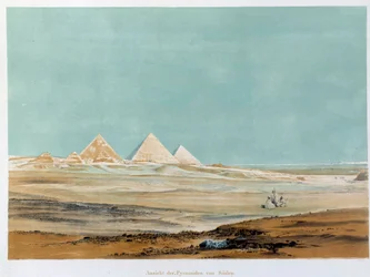 Widok na piramidy w Gizie (Giza, Giza, Giza), Egipt. Ilustracja przedstawiająca XIX-wieczny Paryż, kolegium francuskie