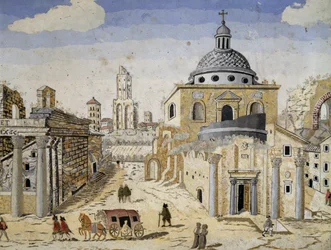 Widok na Forum Romanum, koniec XVII w., scagliola na podporze z terakoty. Szczegół