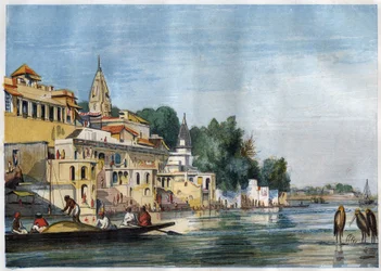Widok na Sutti Chowra Ghat nad Gangesem w Cawnpore (Kanpur), Indie w 1857 roku.