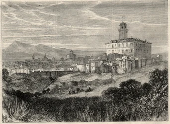 Widok na miasto Monterotondo (Monte Rotondo, Monte-Rotondo) we Włoszech. Grawer w ""L