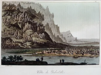 Widok miasta Jakuck w Rosji. W „”Stary i nowoczesny kostium”” 1819-1820, autorstwa Ferrario.