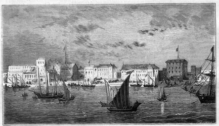 Widok na miasto Zanzibar w Afryce. Po lewej konsulat francuski. Po prawej pałac sułtana i arsenał. Grawer w „Prześwietnym Wszechświecie”