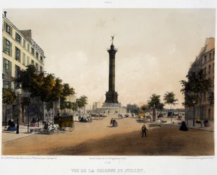 Widok kolumny lipca (Place de la Bastille) od strony Boulevard Beaumarchais - litografia