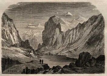 Widok kraju Davos w Szwajcarii w XIX wieku - rycina w ""Dictionnaire populaire illustrious" - 1864 - Joseph Decembre i Edmond Allonier -