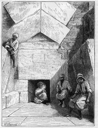 Widok wejścia do piramidy Cheopsa (Cheops, Keops, Khoufu, Khufu) w Guizeh (Guiseh, Giza, Giza), Egipt