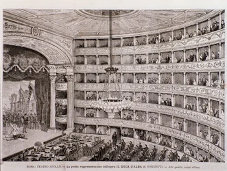 Widok prawykonania opery Książę Alba w Teatro Apollo w Rzymie
