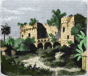 Widok domu „”Alcazar de Colón”” wybudowanego przez Krzysztofa Kolumba dla jego syna Diego Kolumba (Diego Colon y Moniz) (1480-1526), na wyspie Santo Domingo. Rycina XIX wieku.