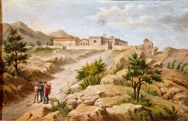 Widok na dom włoskiego patrioty i bohaterów Risorgimento Giuseppe Garibaldi (1807-1882) a Caprera (Sardynia) Garibaldi z dwoma chłopami po lewej stronie obrazu. Anonimowe malarstwo XIX-wiecznego rzymskiego Museo del Risorgimento