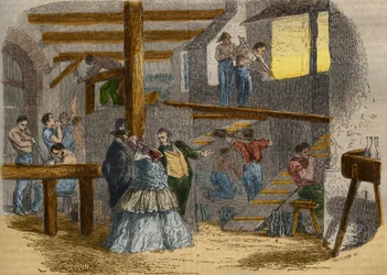 Widok wnętrza naczynia szklanego z dmuchawami do szkła. Grawer z 1856 r. w „Le Musee Des Sciences””