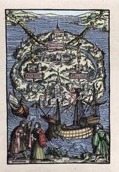 Widok na wyspę Utopia (Utopia) z księgi Thomasa More (1478-1535), „”Optymalny status republiki, która na nowo izoluje Utopię”. Grawerowane przez Johanna Frobena. 1518.