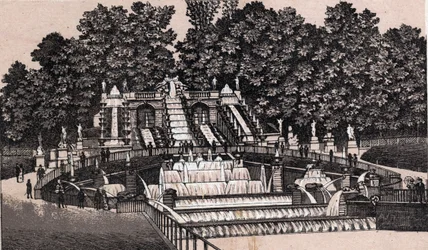 Widok na duży wodospad w parku Saint Cloud (Saint-Cloud), Francja. w „” Świat ilustruje 168 odsłon”” Niedatowany (koniec XIX wieku)