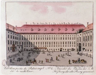 Widok na część Pałacu Cesarskiego o nazwie Stary Dwór w Wiedniu. Austria. Grawer z 1815 r. Kolekcja prywatna