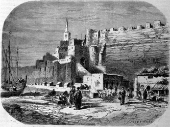 Widok na port warownego miasta Tanger i wybrzeże, Maroko. Grawerowanie z 1860 roku.