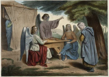 Wizyta Trzech Aniołów u Abrahama: Abraham dowiaduje się, że jego żona Sara (głęboka), już bardzo stara, wkrótce urodzi mu syna. Anonimowy rycina z połowy XIX wieku.