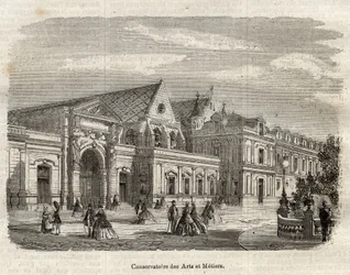 Widok Konserwatorium Sztuki i Rzemiosła (Cnam) w Paryżu, rue Saint Martin w Paryżu - (Widok na Konserwatorium Rzemiosła Artystycznego w Paryżu - rycina w „Dictionnaire populaire illustrious”” - 1864 - Joseph Decembre i Edmond Allonier -