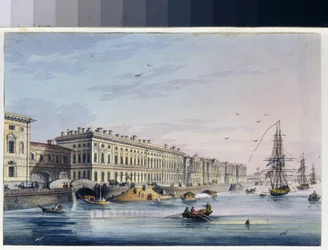 Widok na nabrzeże pałacu w Sankt Petersburgu (Rosja). (Z albumu Marie Taglioni). Praca anonimowa, rycina wzbogacona akwarelą, ok. 1840 r. Sztuka XIX w., klasycyzm. Państwowe Muzeum A.S. Puszkina, Moskwa.