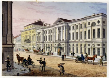 Widok z zewnątrz na Hotel des Postes de Saint Petersburg (Album de Marie Taglioni) (Post Hotel w Sankt Petersburgu (Album Marie Taglioni). Anonimowa akwaforta i akwarela, lata 40. XIX w. Moskwa, Państwowe Muzeum A.S. Puszkina.
