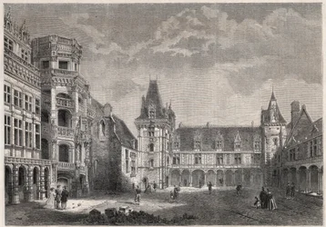 Widok z zewnątrz na zamek Blois z monumentalną klatką schodową - Grawerowanie w „Le Monde Illustrie”