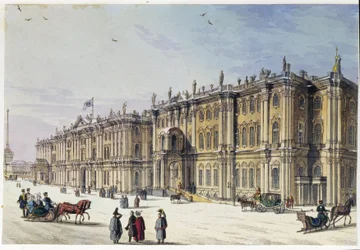 Widok Pałacu Zimowego w Sankt Petersburgu (Album Marii Taglioni) Anonimowa akwaforta i akwarela, lata 40. XIX w. Moskwa, Muzeum Państwowe A.S. Puszkina.