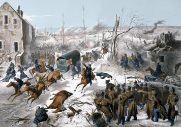 Wojna 1870 r. między Francją a Prusami: Czerwony Krzyż podczas bitwy pod Bapaume w Pas de Calais w dniach 2 i 3 stycznia 1871 r., w której zwyciężyła armia Północy pod dowództwem generała Faidherbe nad Prusami