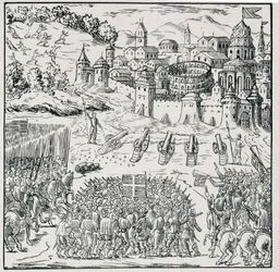 Wojna Religii: Miasto Nîmes oblężone przez Armię Króla (Henryk III) w 1576 r. - w „”Zbiór 39 figurek przedstawiających klęski Francji od 1562 do 1586 r.””, imprim Louis Perrin.