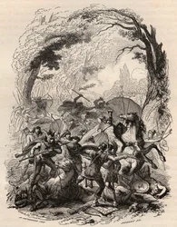 Wojna Galów: Bitwa pod Aduatuca między belgijskimi ludami Eburonów a armią rzymską. Pokonany Quintus Titurius Sabinus i Lucius Aurunculeius Cotta w 54 pne. Rycina z 1868 roku w „Histoire de Belgique od czasów prymitywnych do końca