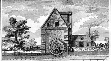 Młyn wodny. grawerowanie sd. około 1800 roku.