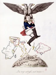 Kto też ogarnia źle ogarnia: po zasianiu śmierci w całej Europie, Napoleon dołącza do wyspy Elba, niesiony przez orła - w „”Napoleon 1, karykatury, kolekcja manekinów””, ok. 1900. 1814