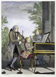 Wolfgang Amadeus Mozart jako dziecko przy fortepianie, otoczony przez ojca Leopolda grającego na skrzypcach i śpiewającą siostrę Mariannę - rycina