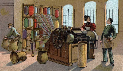 Przemysł wełniany, czesanie. Chromolitografia z końca XIX wieku