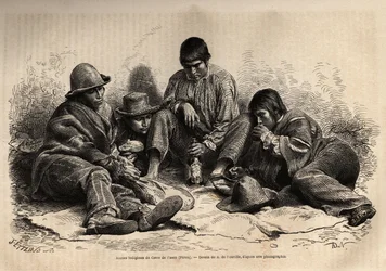 Młodzi Indianie z Cerro de Pasco (środkowe Peru) gromadzą się na śniadanie. Rycina ilustrująca Les iles Chincha, rektyfikowana przez L.Simonina, w 1860 r., opublikowana w „Le tour du monde, nouveau journal des voyages””, pod redakcją Edouarda Chartona
