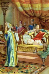 Zaratustra (Zaratustra, Zaratusztra, Zaratustra lub Zoroastrianin), irański prorok i reformator religijny (VI wpne) na dworze króla Bactres. chromolitografia z XIX wieku.