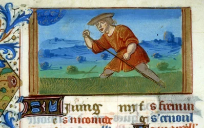 Rak Zodiaku i koszenie trawy - Miniatura średniowiecza (ref. 137, 048v): Prośba o zgodę Biblioteki Miejskiej w Tuluzie (tel: 05 62 27 66 66)