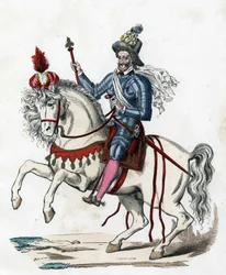 portret konny króla Francji Henryka IV z 1596 r. (1553-1610) -w „Strój cywilny i wojskowy Francuzów przez wieki Paryż F. Roy 1882”.