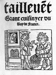 frontyspis „Le Viandier”” Taillevent. Guillaume Tirel, znany jako francuski kucharz Taillevent lub Taillevant (1310-1395). 1