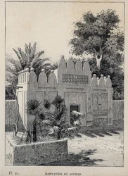habitation du Sudan (Sudan) - rycina z 1889 r. w „Historia zamieszkiwania ludzi na Wystawie Powszechnej z 1889 r., autorstwa Charlesa GARNIERA - Librairie centrale des beaux-arts Paris 1889
