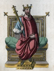 Portret Ottona I, zwanego również Ottonem Wielkim (912-973), cesarza rzymskiego (Otto I Świętego Cesarstwa, Otton Wielki; Ottone I di Sassonia, detto Ottone il Grande) - rycina z „Usi e Costumi di Tutti i Popoli dell